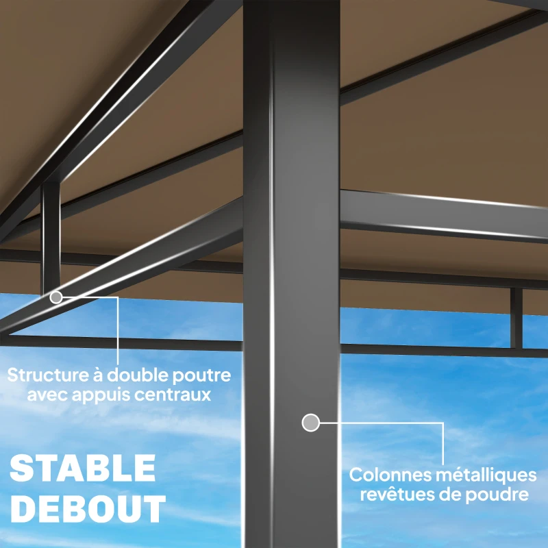 Outsunny Abri barbecue extérieur, tonnelle de jardin 245x146x255cm en métal, double toit, 2 étagères latérales, marron