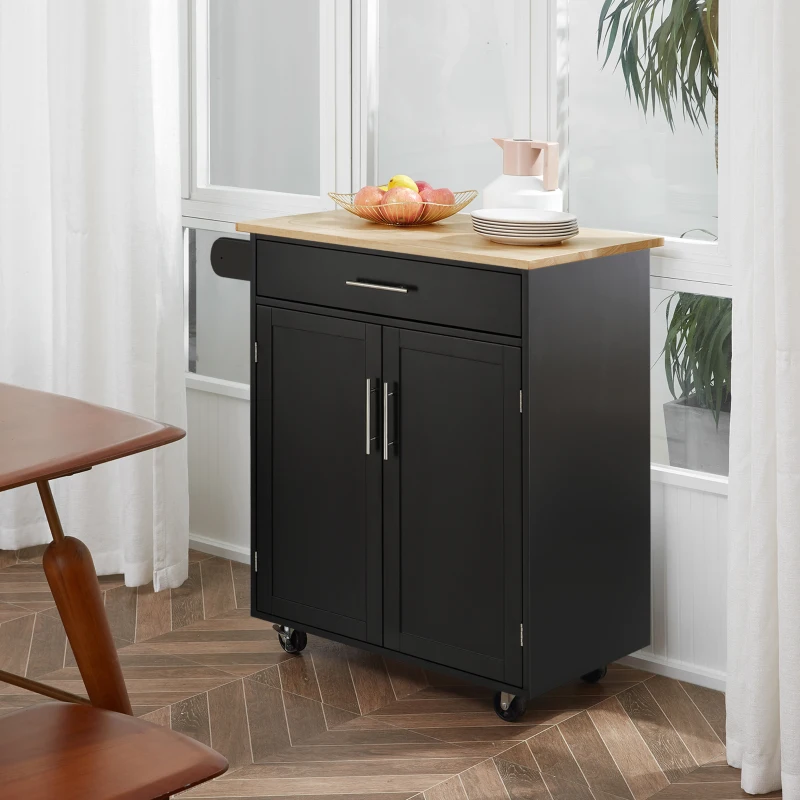 HOMCOM Carrello da Cucina con Cassetto e Armadietto 2 Ante, Ruote e Barra Laterale, 83x45x91.5cm, Nero