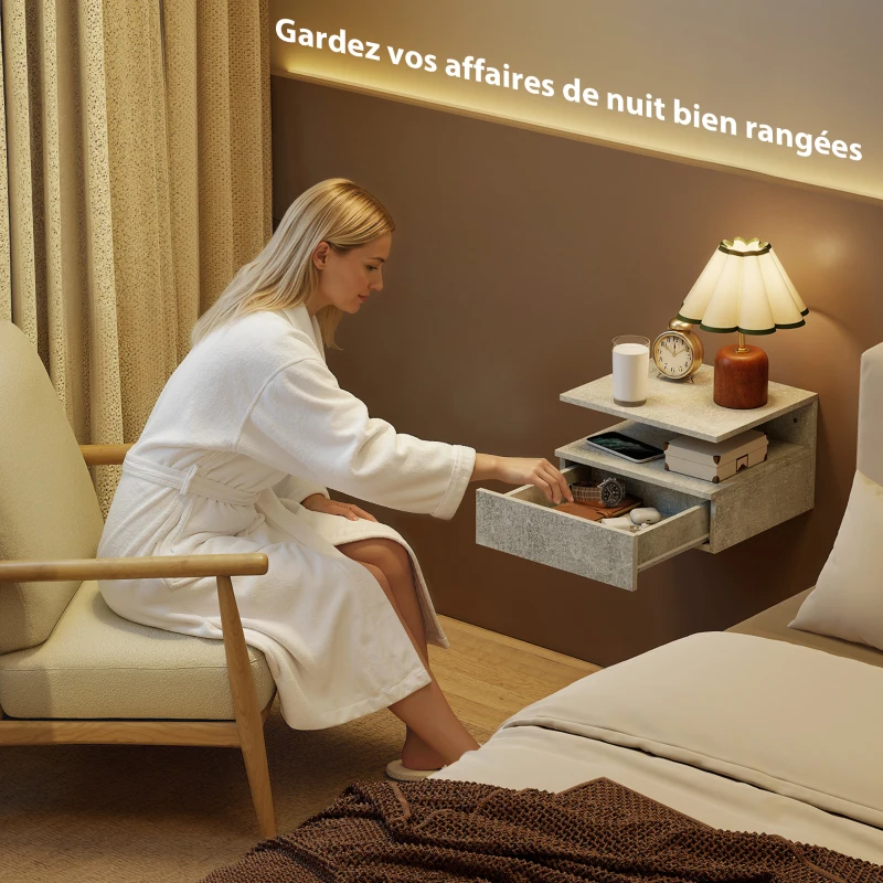 HOMCOM Lot de 2 tables de chevet murales, tables de nuit suspendues avec tiroir, compartiment ouvert, 35x32x22,5cm, gris giment
