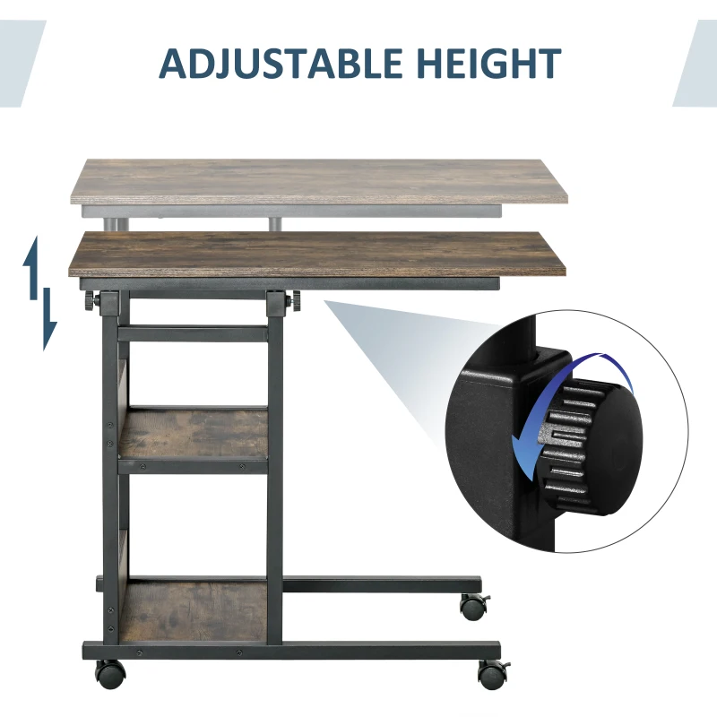 HOMCOM C-Shaped Side Table Industrial Mobile Rolling End Desk with 3-Tier Storage Shelving, Adjustable Height, Wheels