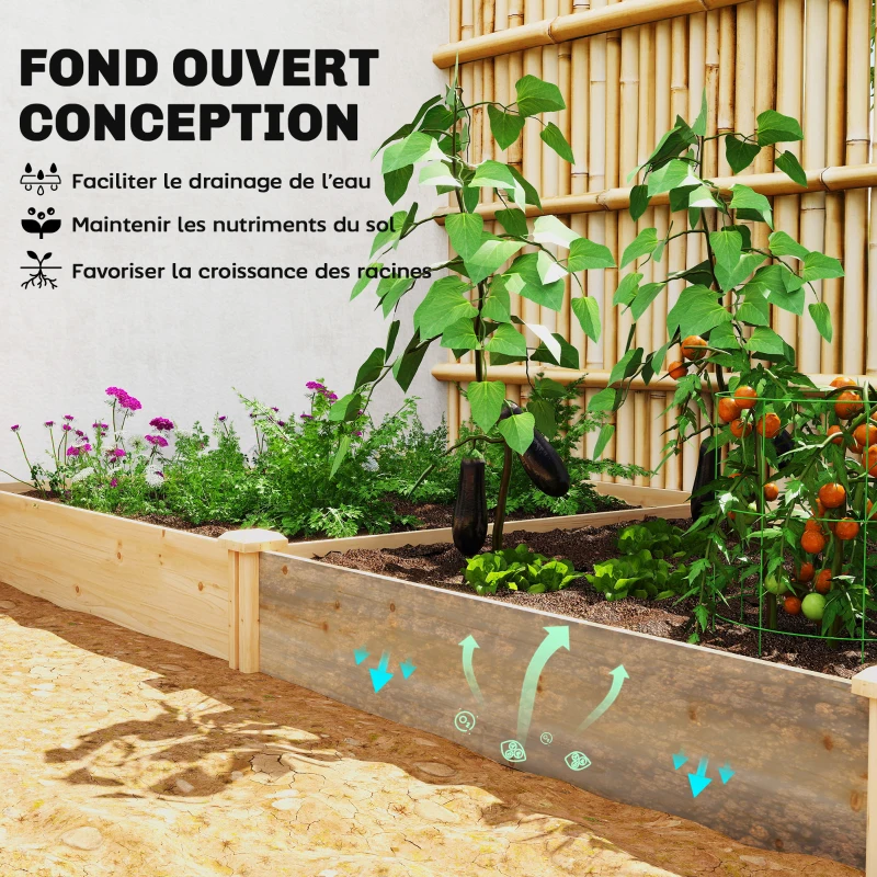 Outsunny Carré Potager de jardin en Bois massif, Jardinière Surélevé avec séparateur, 235 x 121 x 26 cm, effet Bois Naturel