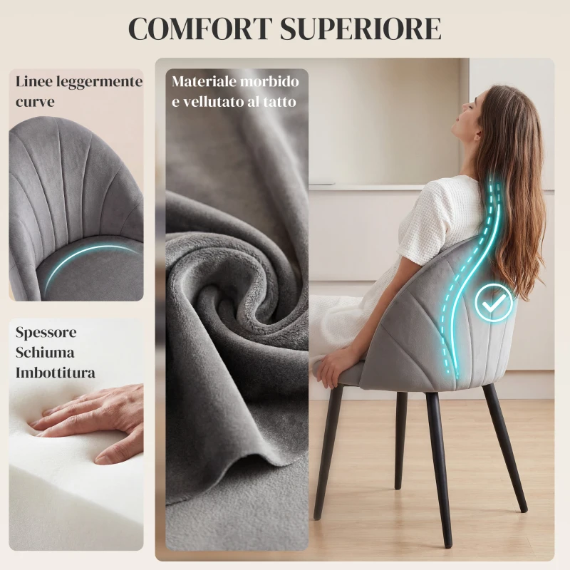HOMCOM Set da 2 Sedie da Pranzo in Velluto Imbottite con Schienale a Conchiglia e Gambe in Metallo, Grigio