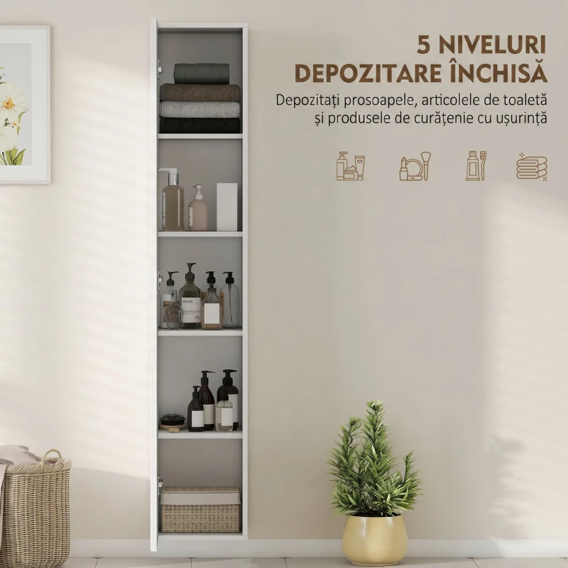 HOMCOM Dulap de Baie Suspendat Coloană cu Rafturi Reglabile și Închidere Soft Close, 30x31.5x160 cm, Alb