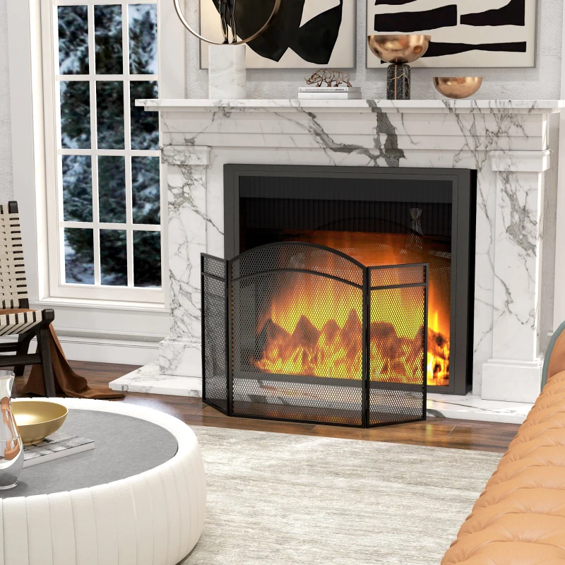 HOMCOM Pare-feu cheminée pliable 3 panneaux pare-étincelles cheminée avec motif en en chevron 96l x 1P x 60H cm métal noir