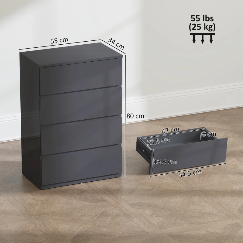 HOMCOM Commode 4 tiroirs, meuble de rangement à haute brillance, fermeture douce et silencieuse, 55 x 34 x 80 cm, gris