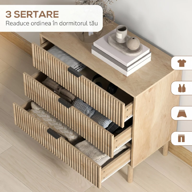 Comodă HOMCOM cu 3 Sertare din Lemn pentru Dormitor și Hol, Stil Nordic, 80x40x77.5 cm, Stejar(m-5)