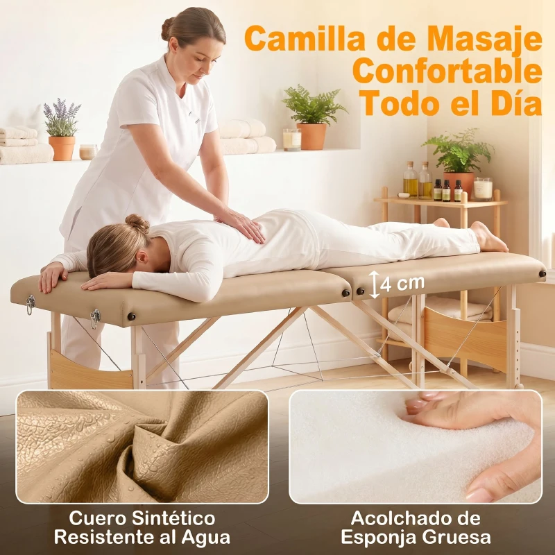 HOMCOM Camilla de Masaje Plegable con Marco de Madera con Altura Regulable y Bolsa de Transporte 186x60x61-87 cm Marrón