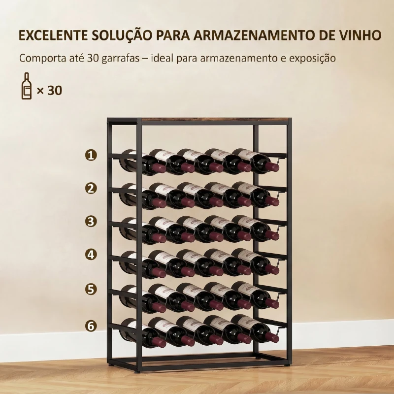 HOMCOM Garrafeira para 30 Garrafas de 6 Níveis com Superfície de Madeira Estilo Industrial 59x30x88,5 cm Castanho Rústico