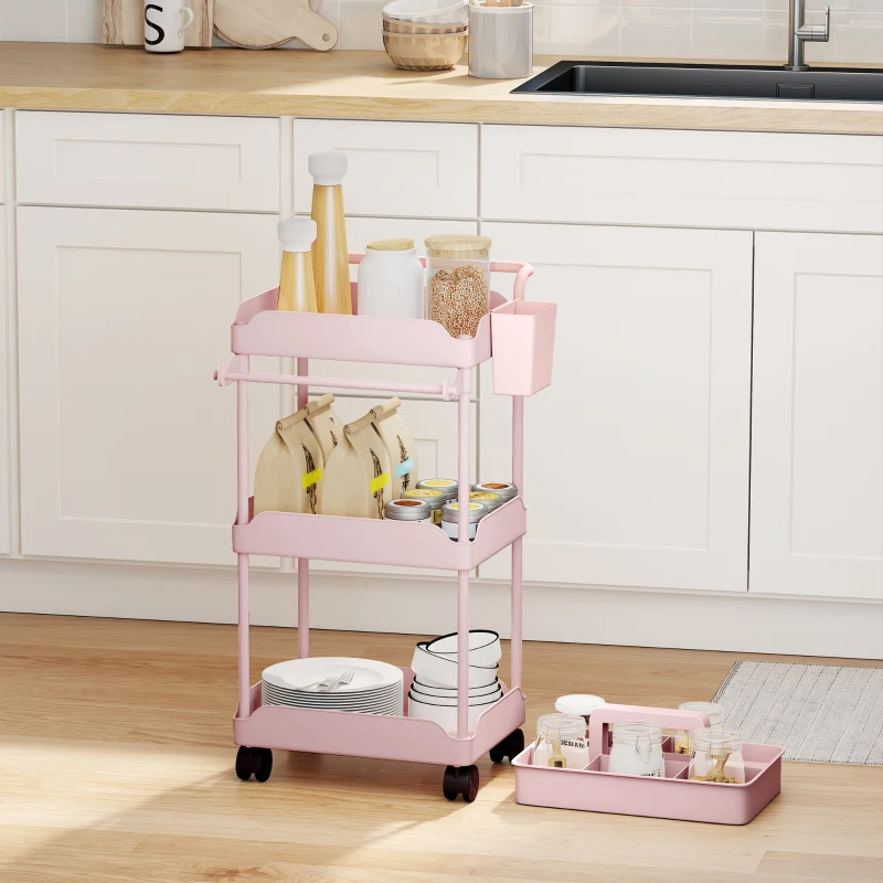 HOMCOM Carrito Auxiliar con Ruedas de 3 Niveles Carrito de Cocina con Cestas Extraíbles y Soporte para Toallas Rosa