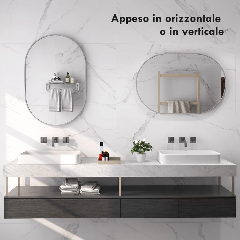 HOMCOM Specchio Bagno Ovale da Parete con Cornice in Alluminio, Verticale o Orizzontale, 60x90 cm, Argento