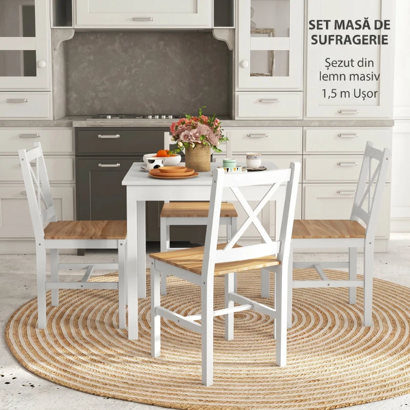 HOMCOM Set 4 Scaune pentru Bucătărie și Living cu Spătar în Formă de Cruce, din Lemn de Pin, 41x46,5x86 cm