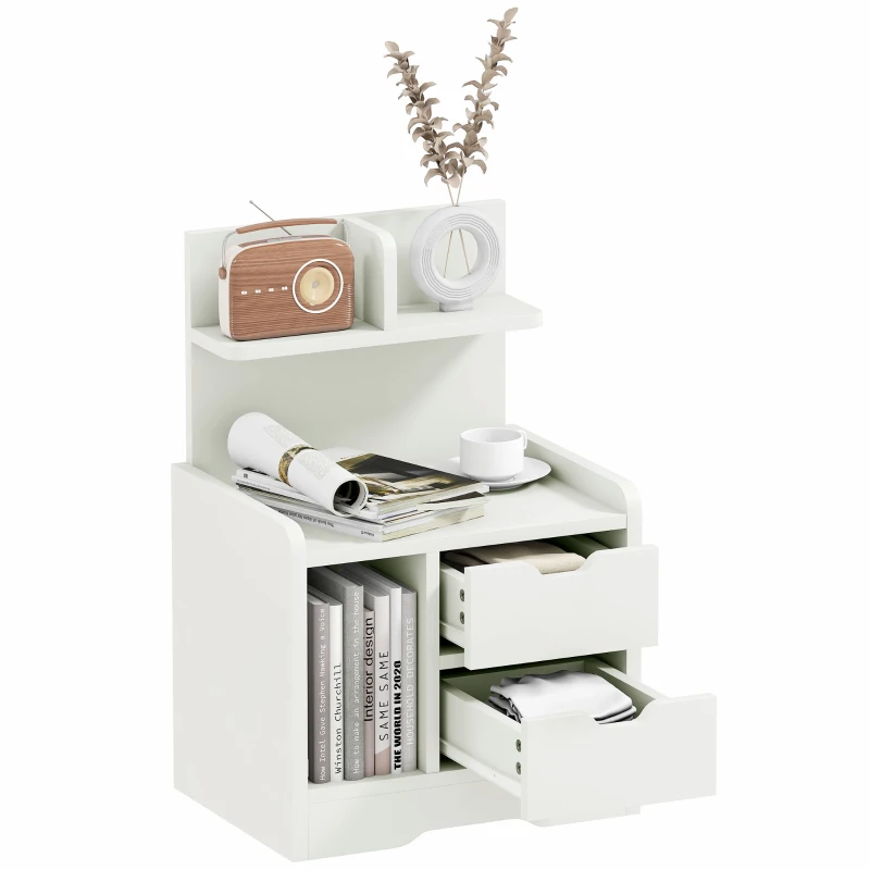 HOMCOM Mesa de Cabeceira Moderna com 2 Gavetas e 3 Compartimentos para Sala de Estar Quarto Carga 30 kg 40x30x60 cm Branco