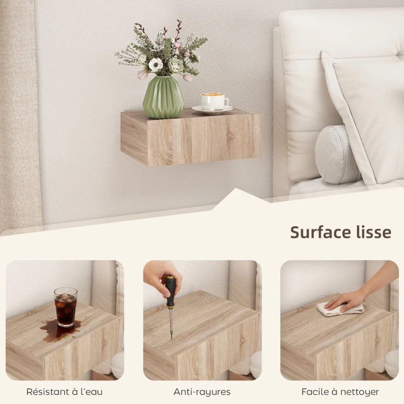 HOMCOM Lot de 2 tables de chevet murales, tables de nuit suspendues avec tiroir coulissant, 40 x 30 x 15 cm, chêne