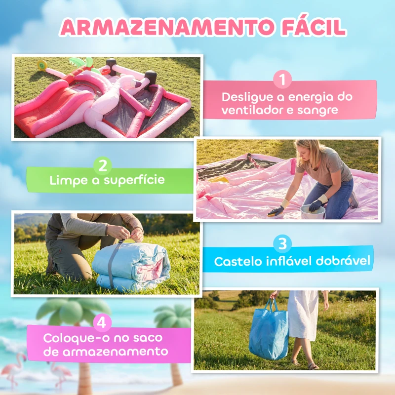 AIYAPLAY Castelo Insuflável para Crianças com Insuflador Escorrega Cama Elástica Piscina de Bolas Cesto de Basquetebol 255x230x196 cm Rosa