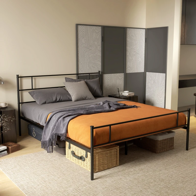 HOMCOM King Metal Bed Frame Solid Bedstead Base with Headboard and Footboard, Metal Slat Support and Underbed Storage Space, Bedroom Furniture, Black