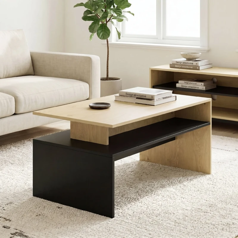HOMCOM Table Basse Moderne Bicolore à Niveaux Décalés avec Étagère de Rangement, 95 x 55 x 50 cm, Bois Naturel et Noir