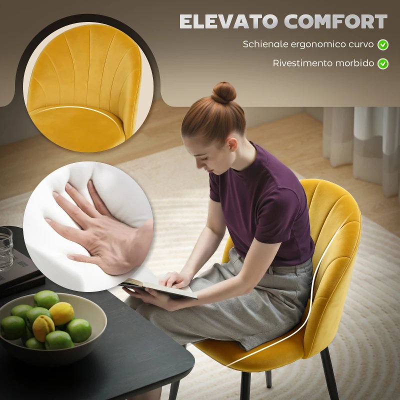 HOMCOM Set 2 Sedie da Pranzo Imbottite con Schienale a Conchiglia in Velluto, 52x55x79 cm, Giallo