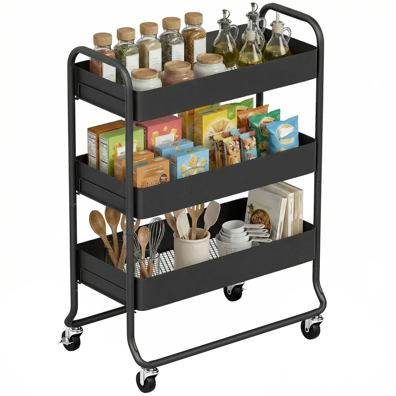 HOMCOM Küchenwagen, 3 Körbe, 4 Rollen, Metall, Schwarz