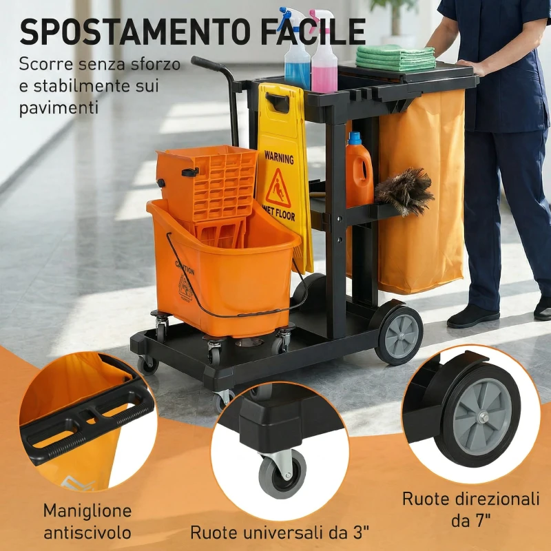 HOMCOM Carrello Pulizie: Ruote, 3 Ripiani, Sacco 70L, Secchio con Strizzatore.