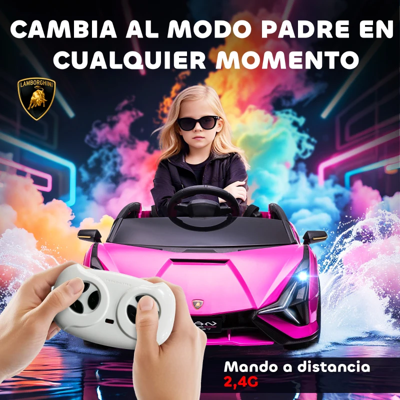 HOMCOM Coche Eléctrico para Niños de +3 Años Lamborghini SIAN Coche de Batería 12V con Mando a Distancia Apertura de Puerta Música MP3 USB y Faros 3-5 km/h 108x62x40 cm Rosa