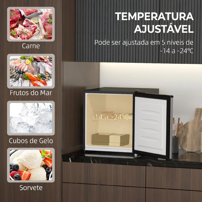 HOMCOM Congelador Vertical 35 L com Temperatura Ajustável de -24 °C a -14 °C, Porta Reversível e Prateleira Amovível, Preto e prateado