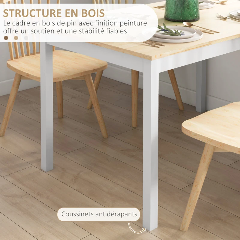 HOMCOM Table à manger table de cuisine structure en bois massif 4 personnes design vintage 120 cm naturel et blanc