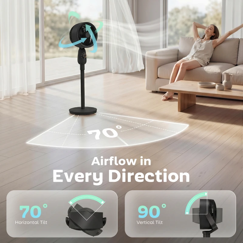 HOMCOM Pedestal Fan, Powerful Air Circulator, 36 Inch Floor Standing Fan with 3 Speed Settings, 70° Oscillating for Bedroom, Home and Office, Black
