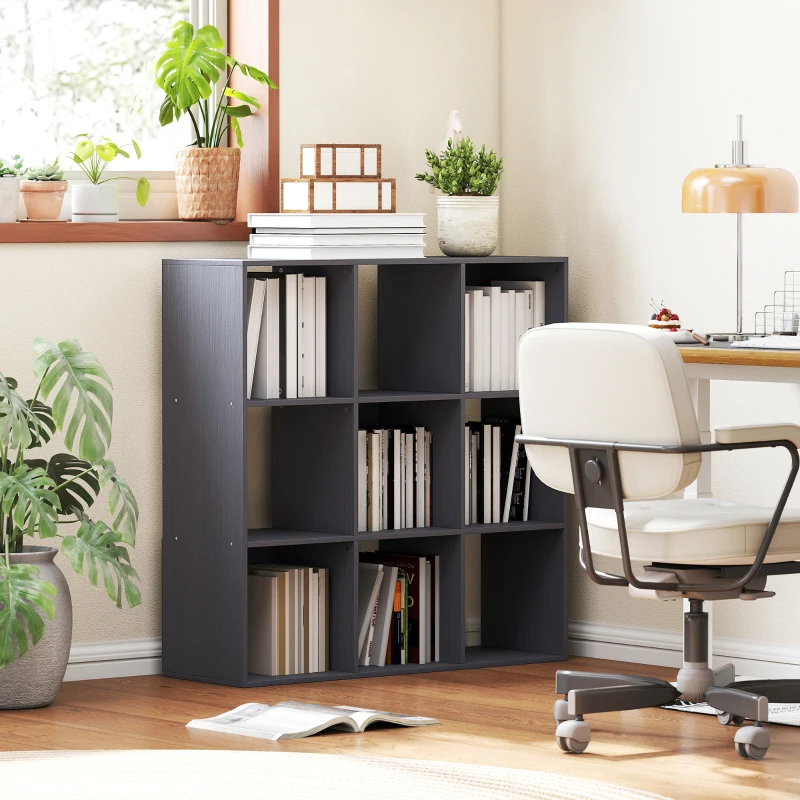 HOMCOM Bibliothèque, étagère de rangement à 3 niveaux avec 9 compartiments, pour salon, bureau, chambre, 91x29,5x91cm, gris