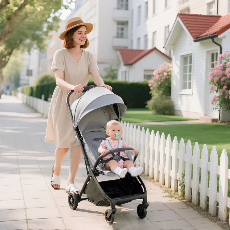 AIYAPLAY Foldable Baby Stroller with Adjustable Seat, 5-Point Harness, Canopy, Basket, 6.3kg Lightweight & Compact, Light Grey