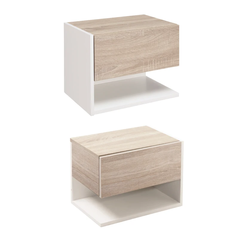 HOMCOM Set 2 Comodini Sospesi a Parete con Cassetto e Mensola Bianco e Rovere