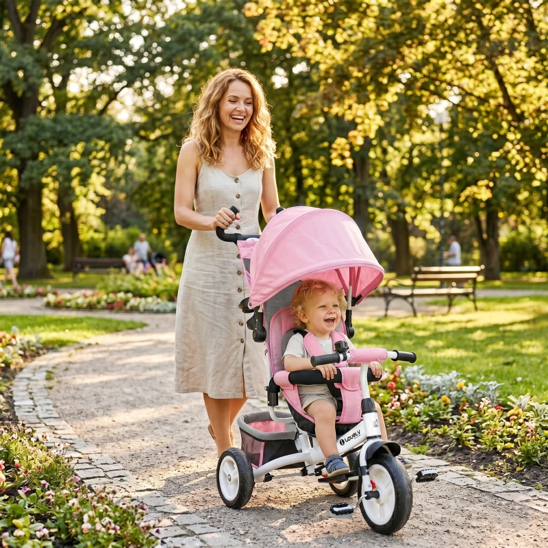 HOMCOM Triciclo para Bebés Evolutivo com Capota Dobrável Guiador Telescópico e Removível Bolsa e Porta-Garrafas 102x49x102 cm Rosa