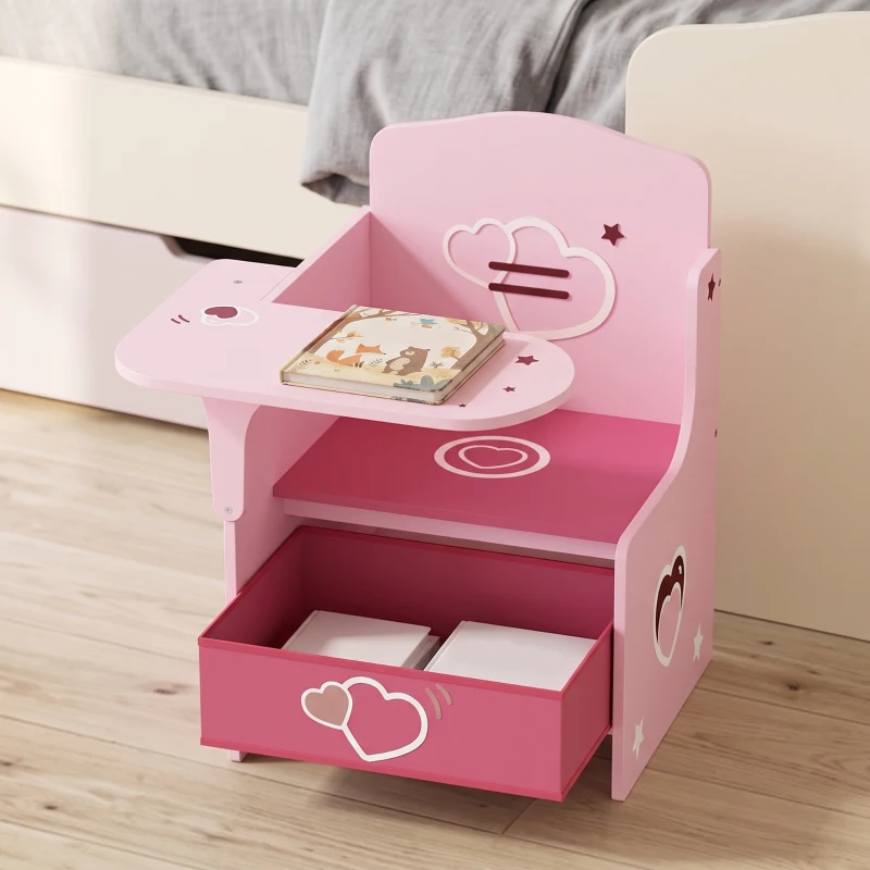 AIYAPLAY Set Tavolo e Sedia per Bambini 3-5 Anni in Legno MDF con Motivi a Cuore, Contenitore Integrato, Rosa
