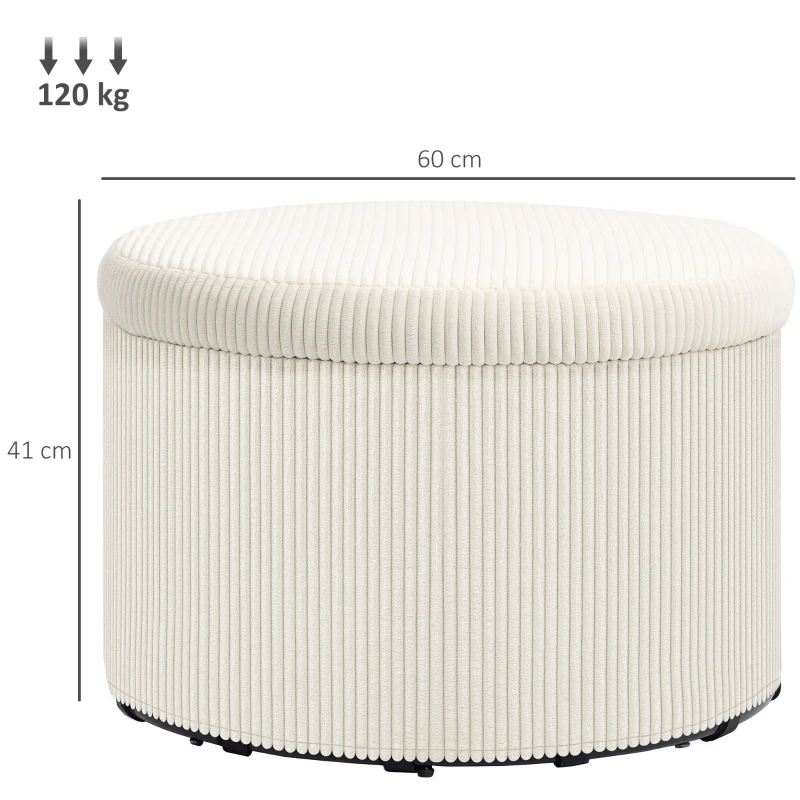 HOMCOM Pouf coffre rangement, tabouret rond, pouf repose-pieds en velours côtelé, charge 120 Kg, Ø 60 x 41 cm, beige