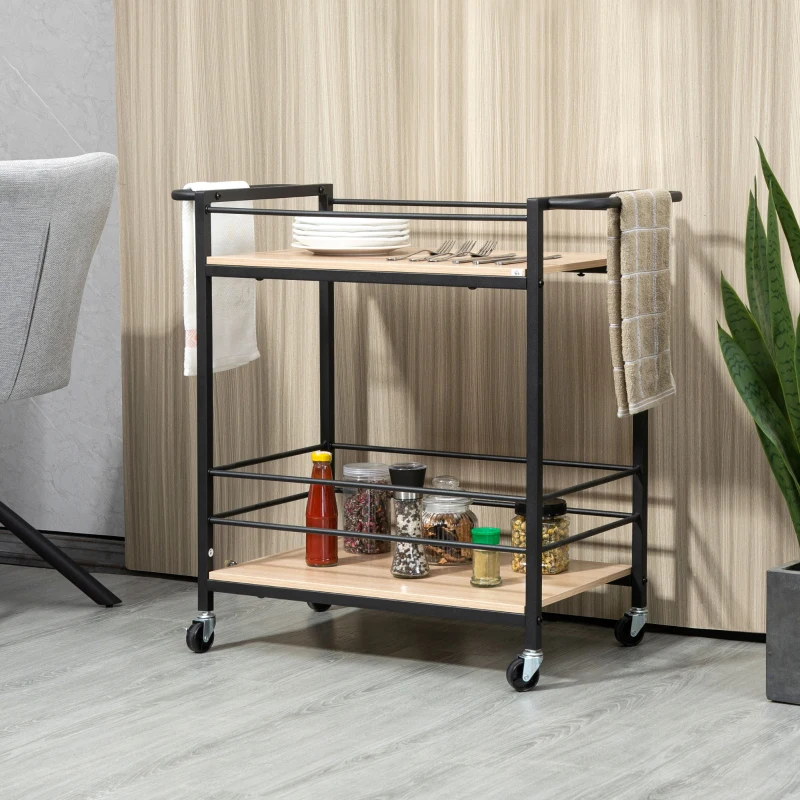 HOMCOM Chariot de service desserte de cuisine à roulettes avec 2 plateaux cadre en métal et aspect bois - dim. 82 x 40 x 75 cm
