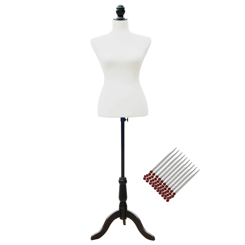 HOMCOM Maniquí Mujer Ajustable a 130-168 cm con Trípode de Madera 50 Alfileres de Colores para Fotografía de Moda Blanco