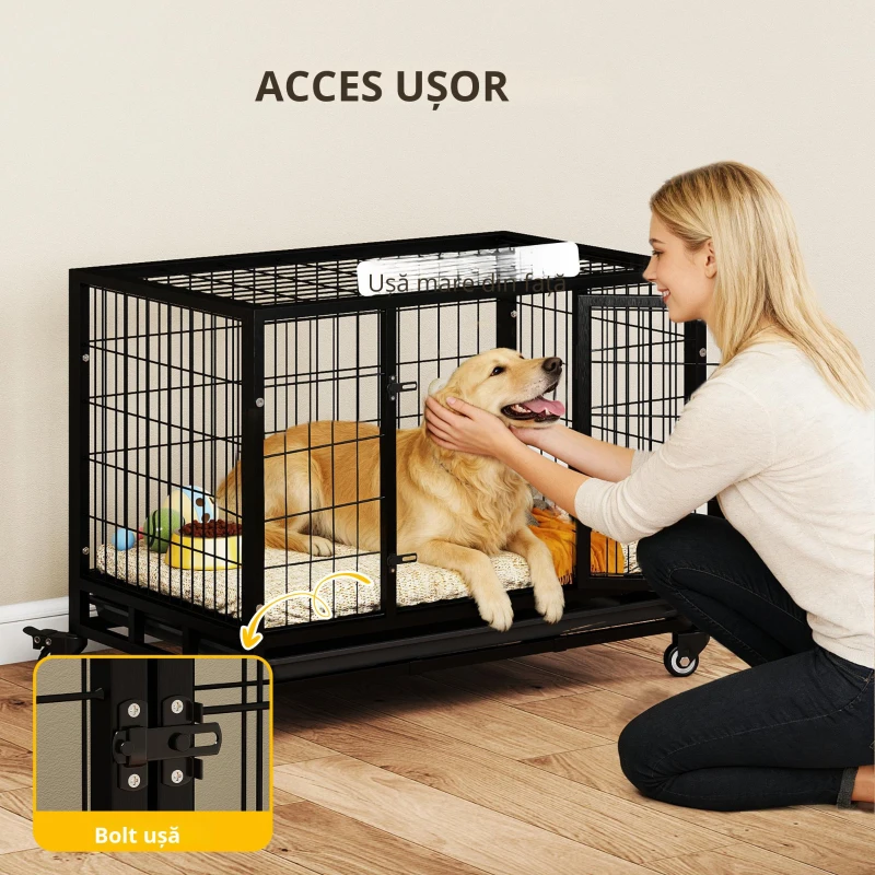 PawHut Cușcă Boxă pentru Câini și Cățeluși, Utilizare Interior/Exterior, Cadru Metalic Robust cu Rotițe, 92×62×75 cm, Negru