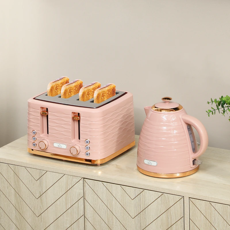 HOMCOM 3000W 1.7L Kettle & 4 Slice Toaster, Kettle and Toaster Set with 7 Browning Controls and Crumb Tray, Light Pink