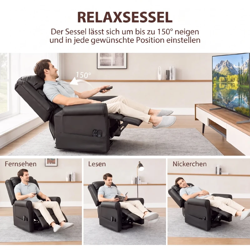 HOMCOM Elektrischer Aufstehsessel mit Vibrationsmassage und Wärmefunktion, Senioren-Sessel aus braunem PU-Leder