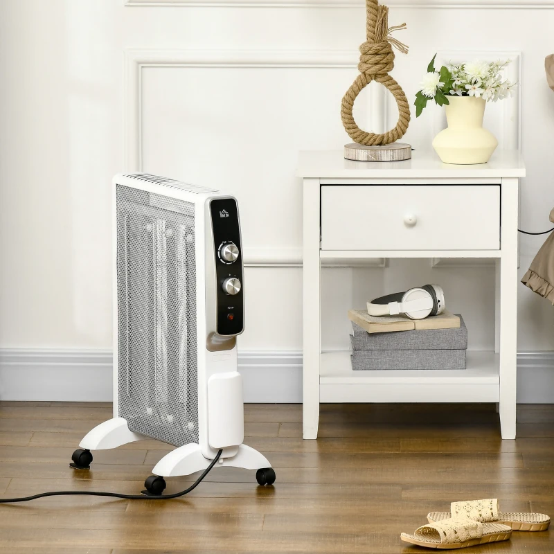 HOMCOM Calefactor Eléctrico 1000W/1500W Radiador de Mica con 2 Niveles de Potencia para 15-18m² 47x26,5x61,5 cm Blanco