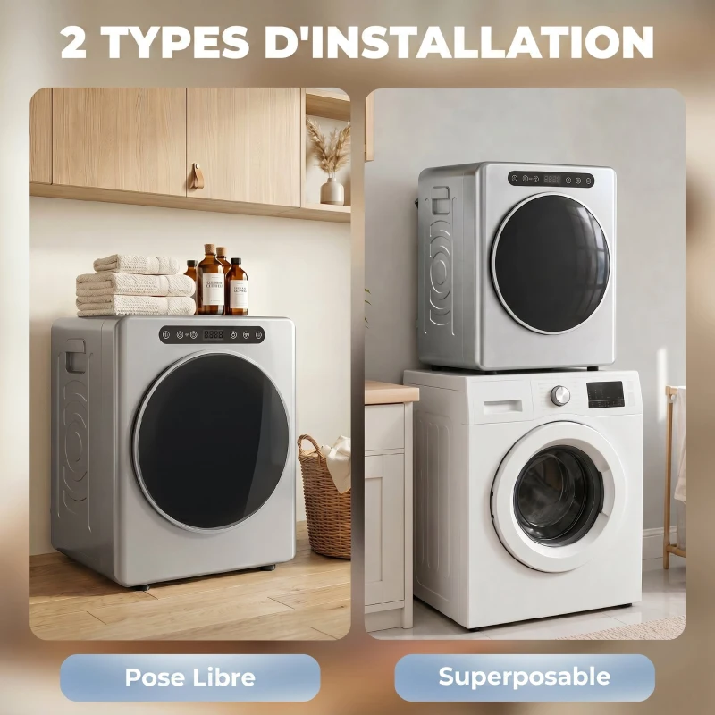 HOMCOM Sèche linge à évacuation, sèche-linge électrique 1000 W 3 Kg, 6 modes de séchage, minuterie, acier inoxydable, argent