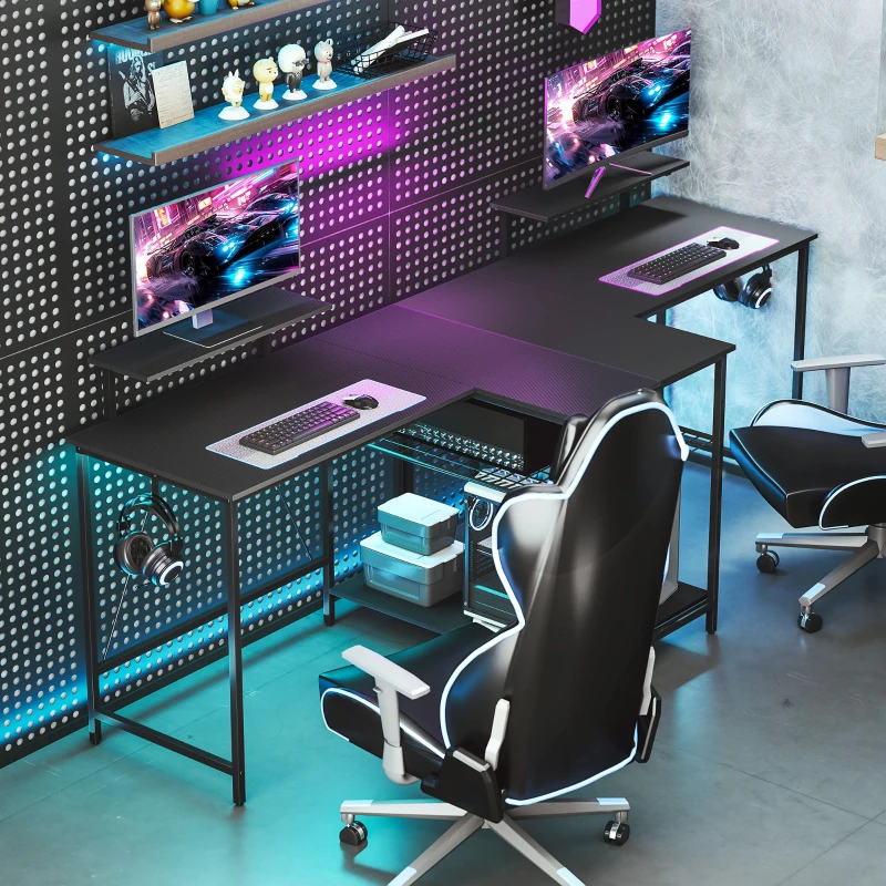 HOMCOM Bureau gaming réversible, bureau gaming d'angle, support pour écran, étagère en maille réglable, 114,5x82x91,5cm, noir