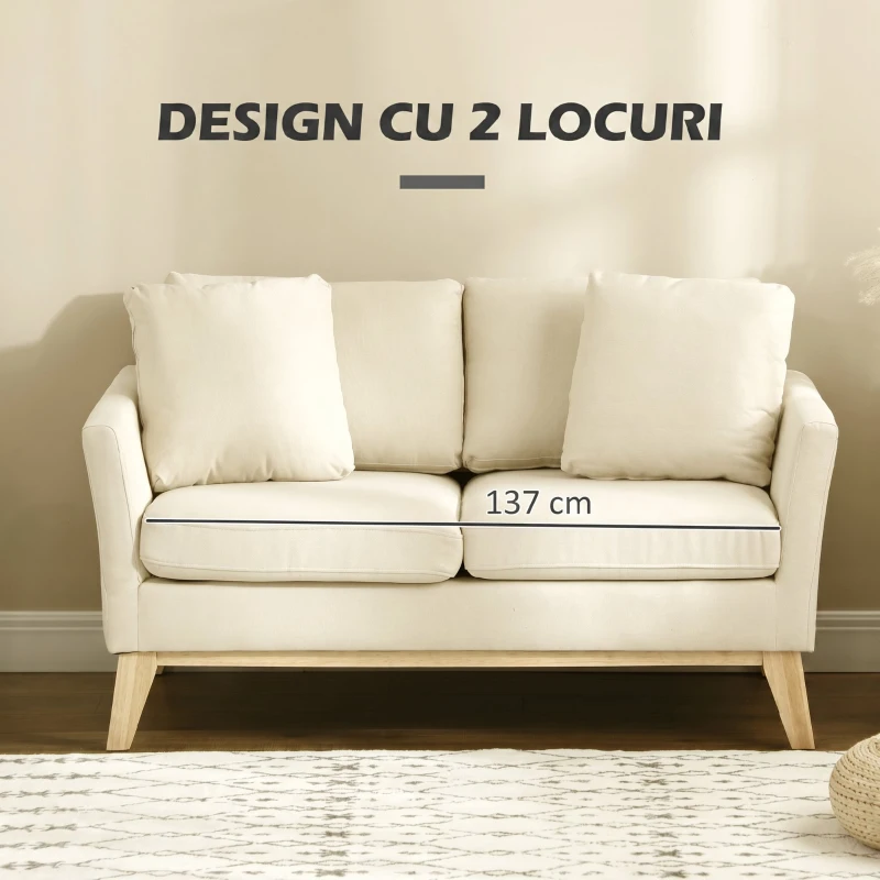 Homcom Canapea 2 Persoane – Tapitata Bej cu Perne Decorative