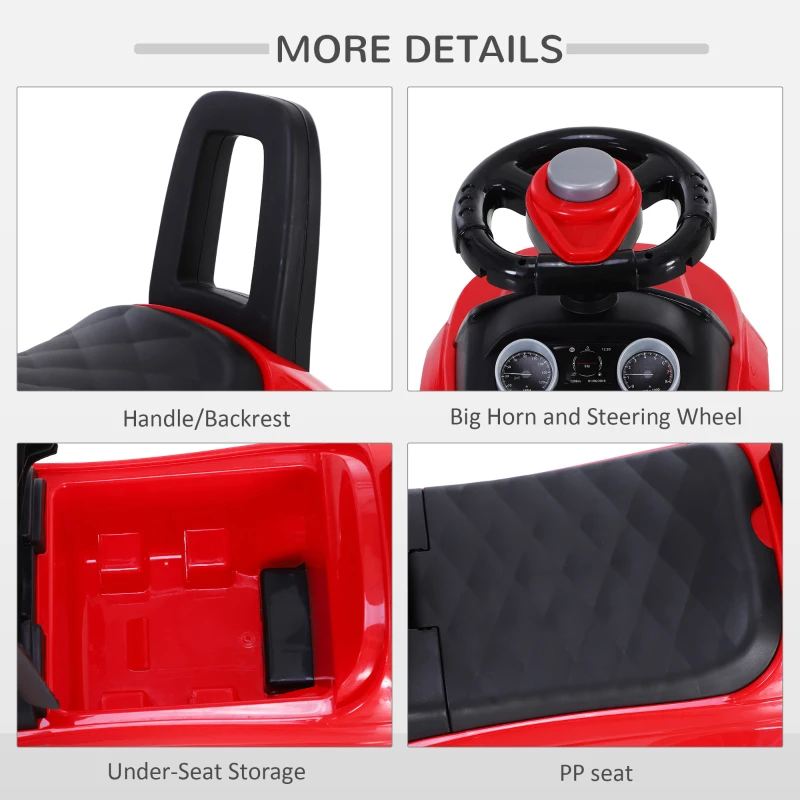 HOMCOM 3-in-1 Ride On Car Foot To Floor Slider Toddler w/ Horn Steering Wheel NO POWER Manual Under Seat Storage Secure Design for 1-3 Year Old Red