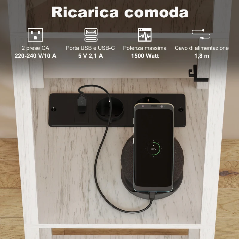 HOMCOM Lampada da Terra con Ripiani, Luce Regolabile, Interruttore a Pedale e Porte USB, Bianco e Rovere