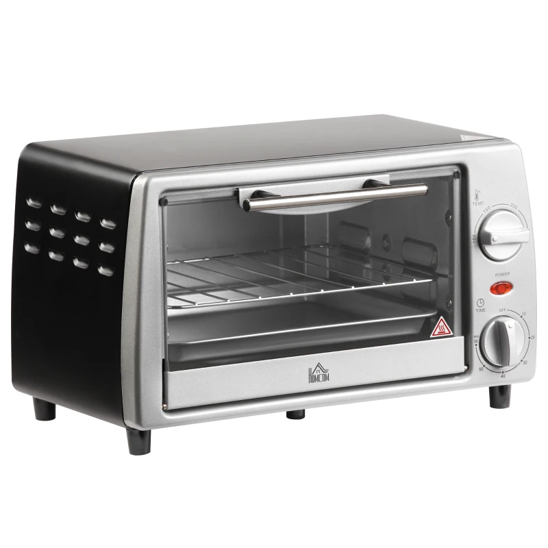 HOMCOM Horno Eléctrico de Sobremesa 10 Litros 750W Mini Horno Tostador con Temperatura hasta 230 ℃ Temporizador 60 Minutos Bandeja y Rejilla 36,5x26x22 cm Plata