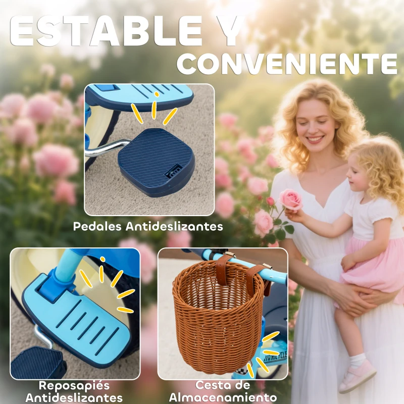 AIYAPLAY Triciclo para Bebés 2 en 1 para 2-5 Años con Barra Parental Pedales Antideslizantes, Reposapiés Plegables y Cesta Azul