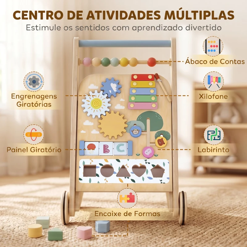 AIYAPLAY Andarilho de Madeira para Bebé com Atividades Montessori, Controlo de Velocidade, 5 Blocos e Rodas, Natural