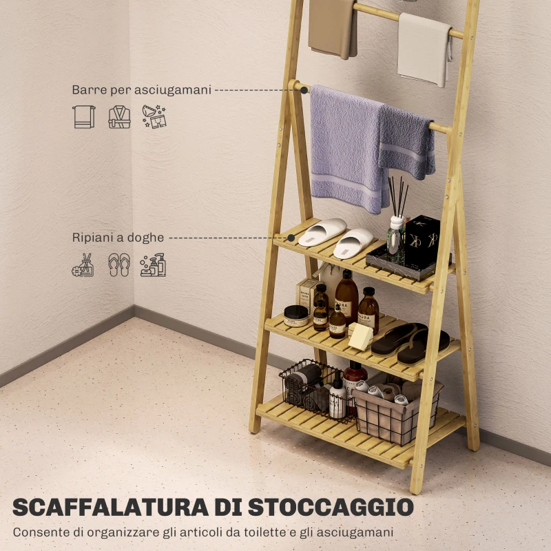 HOMCOM Scaffale Bagno 3 Ripiani con Porta Asciugamani a 3 Barre, Autoportante e Pieghevole in Legno di Bambù