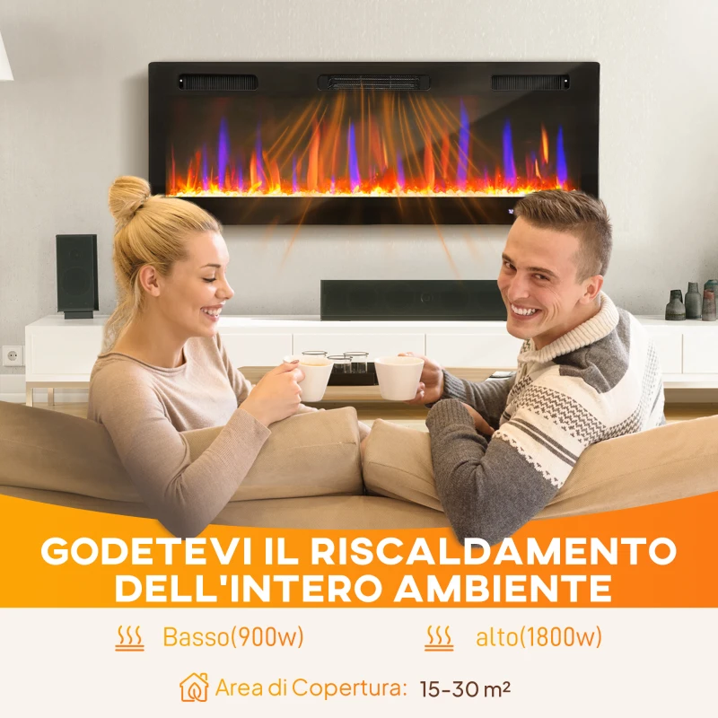 HOMCOM Camino Elettrico da Incasso o a Parete con Temperatura Regolabile, in Acciaio e Vetro, 127x9.4x47 cm, Nero