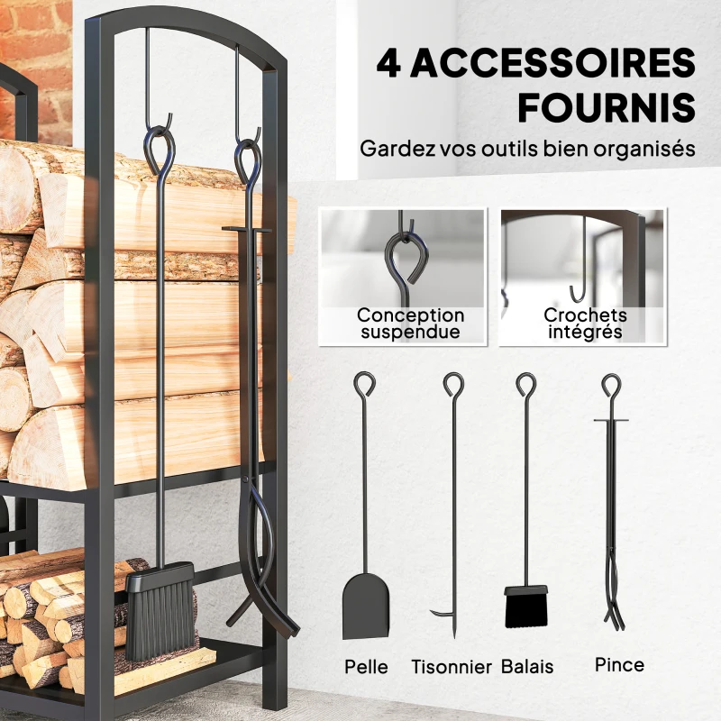 Outsunny Porte bûches - Range bûches Serviteur de cheminée - Multi Accessoires 2 étagères 40L x 30l x 75H cm métal Noir